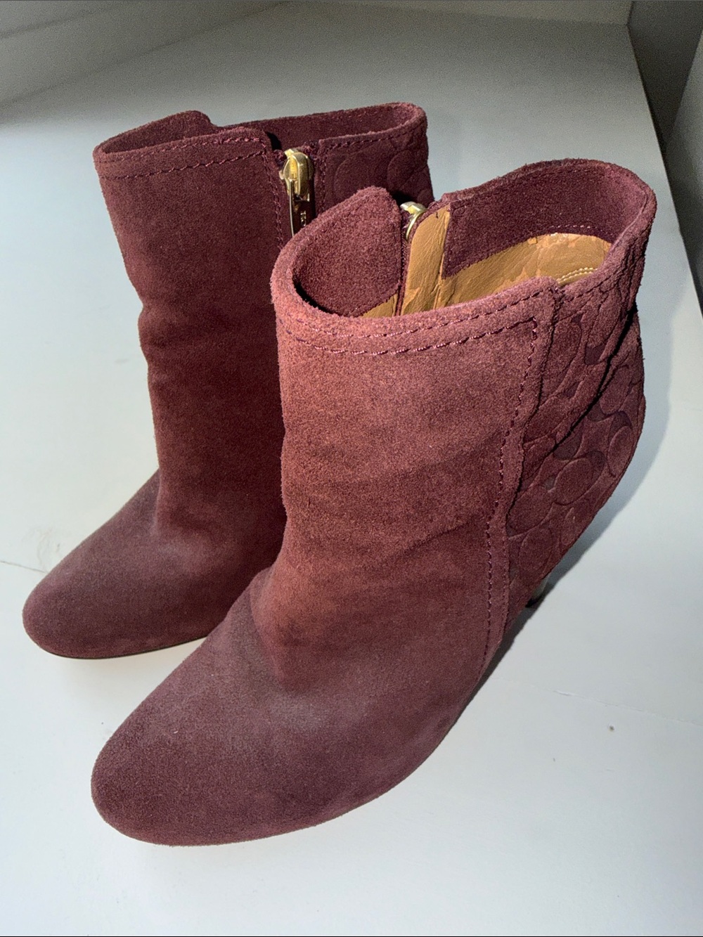 Coach Burgundy Suede Ankle Booties with Gold Zip